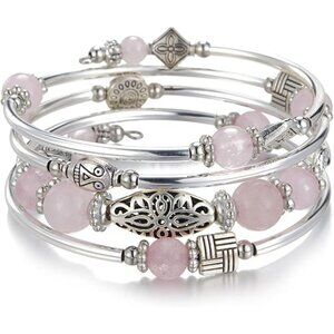 03-Pink Layered Wrap Bangle Bead Bracelet w/ Agate Stone